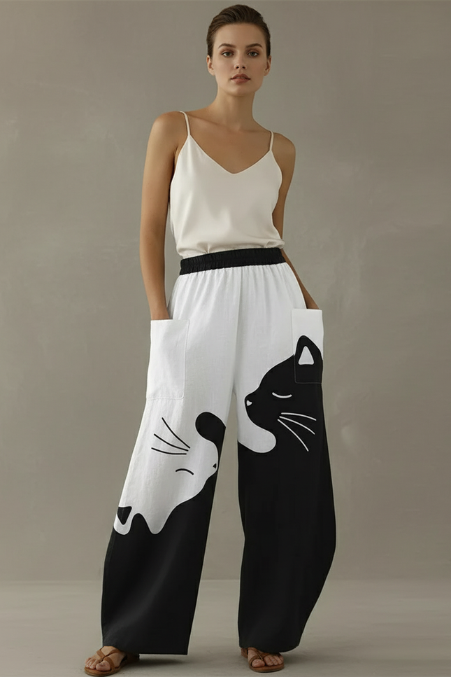Pantalon Baggy Noir Blanc Chat Ample Fluide Décontracté - Multicolore Lin