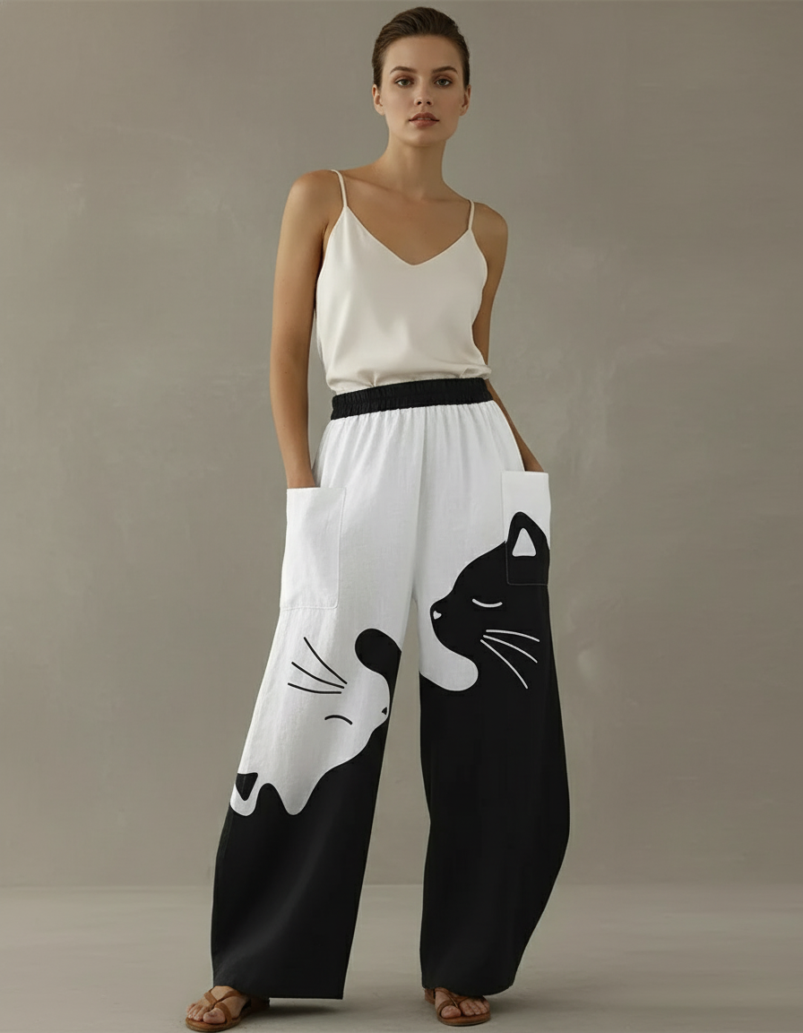 Pantalon Baggy Noir Blanc Chat Ample Fluide Décontracté - Multicolore Lin