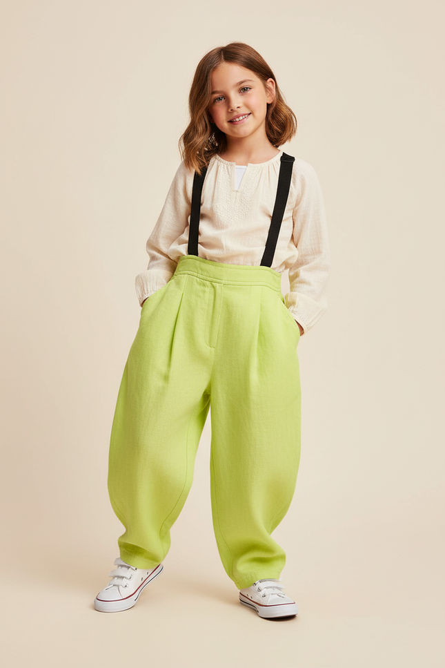 Pantalon Baggy Vert Citron Bretelles Ample Enfant - Lin