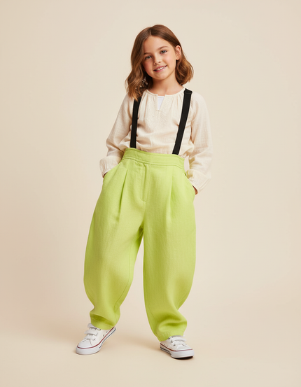 Pantalon Baggy Vert Citron Bretelles Ample Enfant - Lin