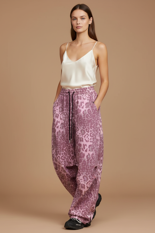 Pantalon Baggy Rose Léopard Ample Fluide Cordon Y2K - Molleton