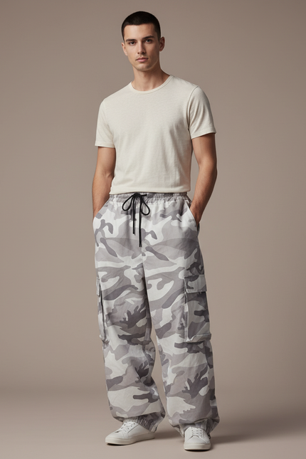 Pantalon Baggy Camouflage Gris Ample Cargo Urbain - Toile