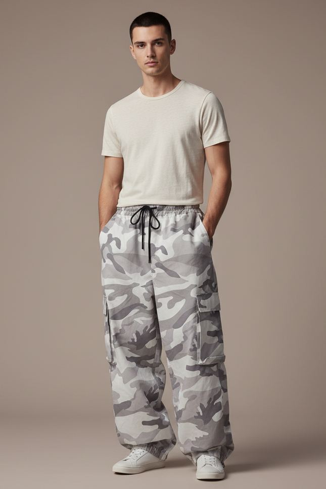 Pantalon Baggy Camouflage Gris Ample Cargo Urbain - Toile