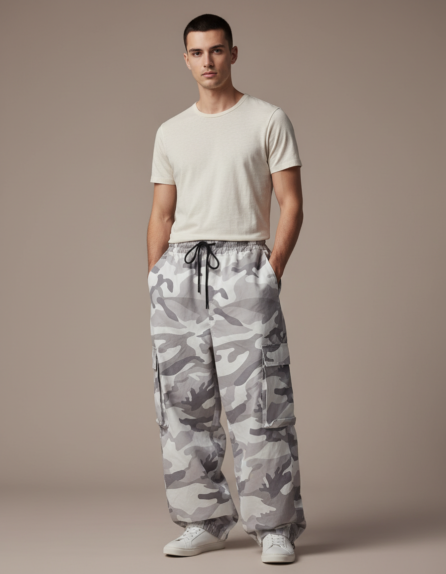 Pantalon Baggy Camouflage Gris Ample Cargo Urbain - Toile