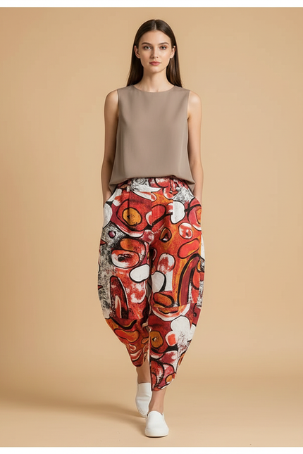 Pantalon Baggy Abstrait Rouge Ample Fluide Femme - Multicolore Lin