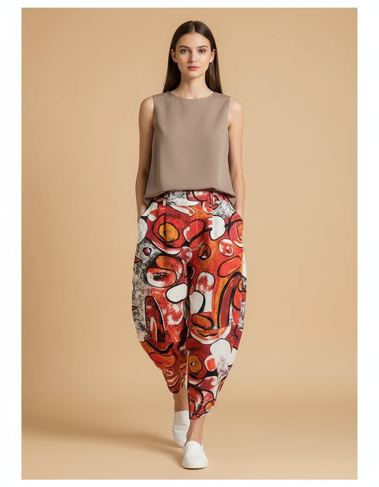 Pantalon Baggy Abstrait Rouge Ample Fluide Femme - Multicolore Lin