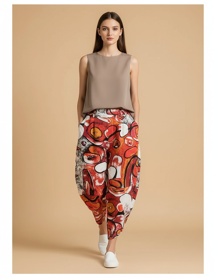 Pantalon Baggy Abstrait Rouge Ample Fluide Femme - Multicolore Lin
