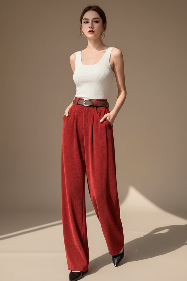 Pantalon Baggy Rouge Velours Ample Taille Haute Ceinturé