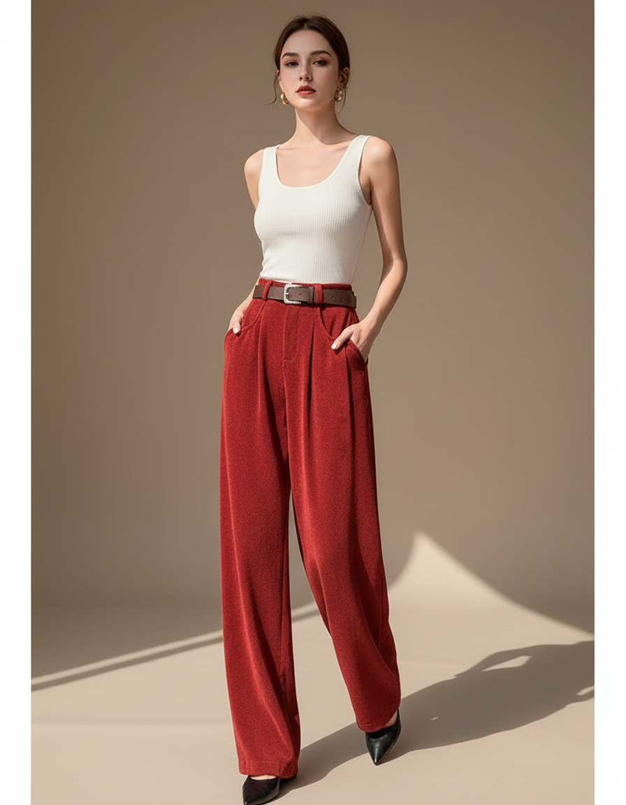 Pantalon Baggy Rouge Velours Ample Taille Haute Ceinturé