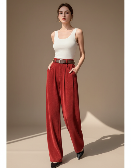 Pantalon Baggy Rouge Velours Ample Taille Haute Ceinturé