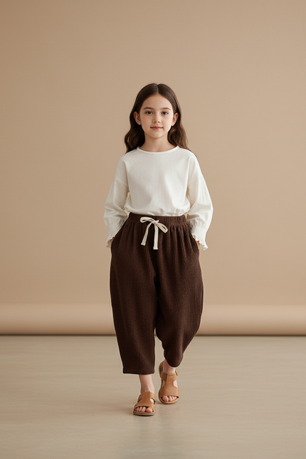 Pantalon Baggy Marron Velours Côtelé Ample Cordon Hiver - Cordé