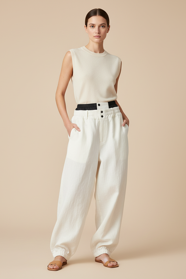 Pantalon Baggy Crème Ample Décontracté Élastiqué - Beige Coton
