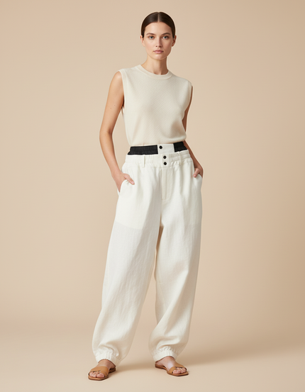 Pantalon Baggy Crème Ample Décontracté Élastiqué - Beige Coton