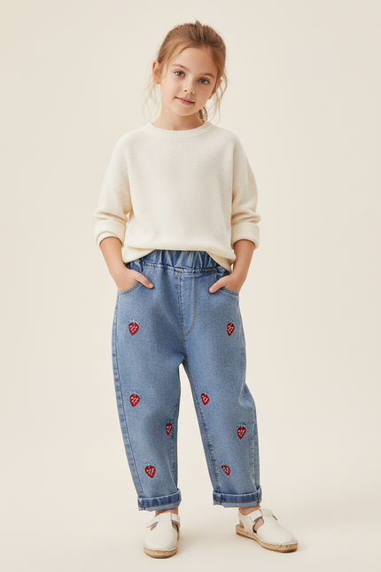 Pantalon Baggy Jean Bleu Brodé Fraises Fille
