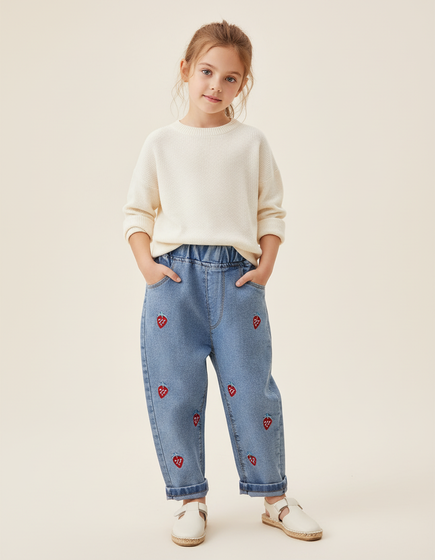 Pantalon Baggy Jean Bleu Brodé Fraises Fille