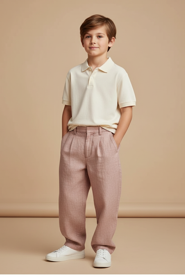 Pantalon Baggy Rose Saumon Lin Plissé Enfant