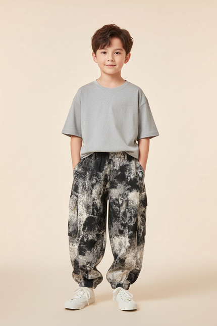 Pantalon Baggy Cargo Imprimé Encre Noir Blanc Garçon - Toile