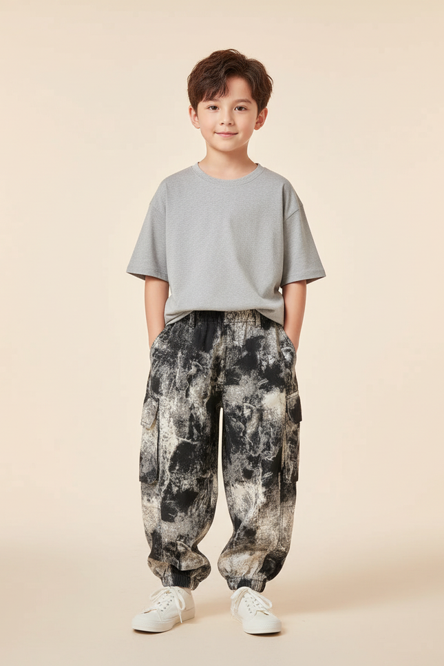 Pantalon Baggy Cargo Imprimé Encre Noir Blanc Garçon - Toile