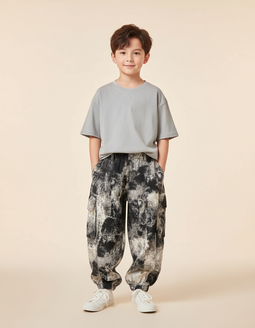 Pantalon Baggy Cargo Imprimé Encre Noir Blanc Garçon - Toile