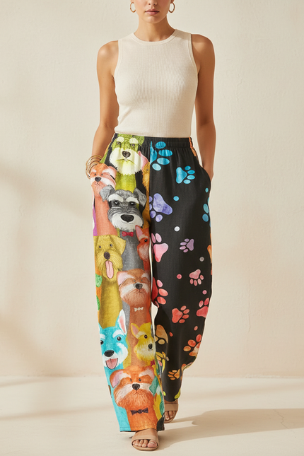 Pantalon Baggy Imprimé Chiens Pattes Ample Décontracté Femme - Multicolore Lin