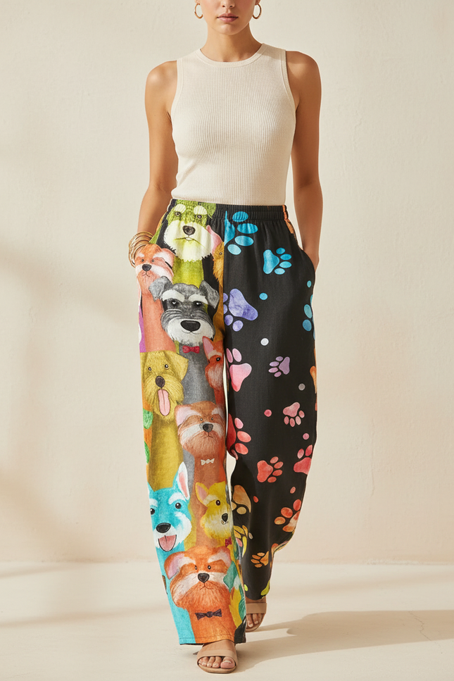 Pantalon Baggy Imprimé Chiens Pattes Ample Décontracté Femme - Multicolore Lin