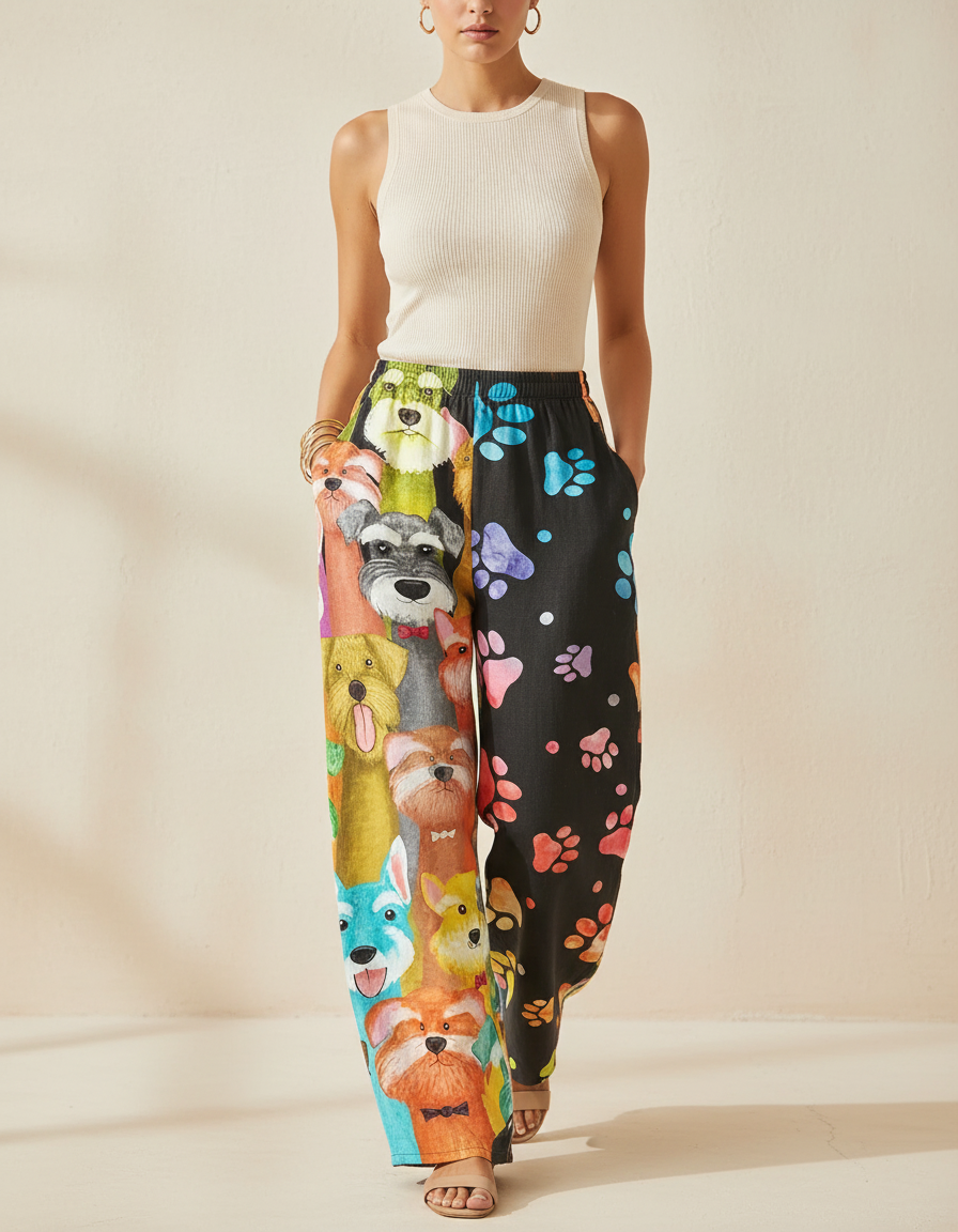 Pantalon Baggy Imprimé Chiens Pattes Ample Décontracté Femme - Multicolore Lin