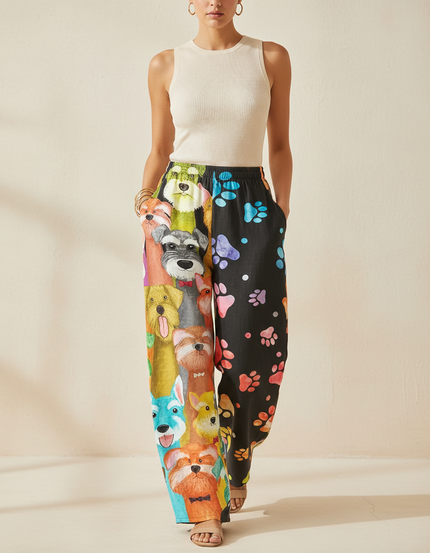 Pantalon Baggy Imprimé Chiens Pattes Ample Décontracté Femme - Multicolore Lin