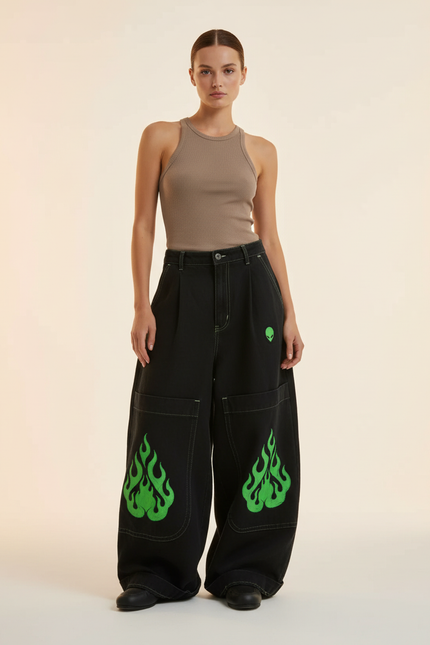 Pantalon Baggy Noir Ample Flammes Vertes Streetwear - Jean