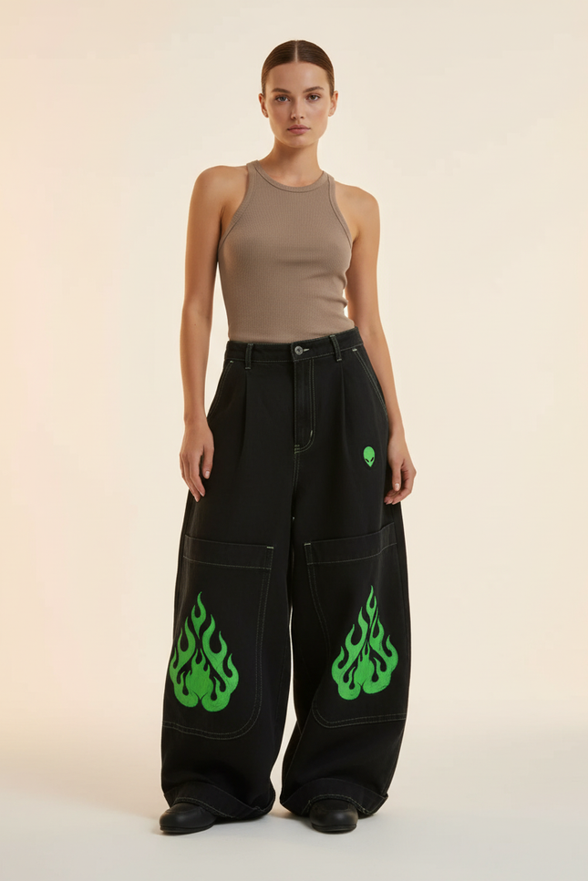 Pantalon Baggy Noir Ample Flammes Vertes Streetwear - Jean