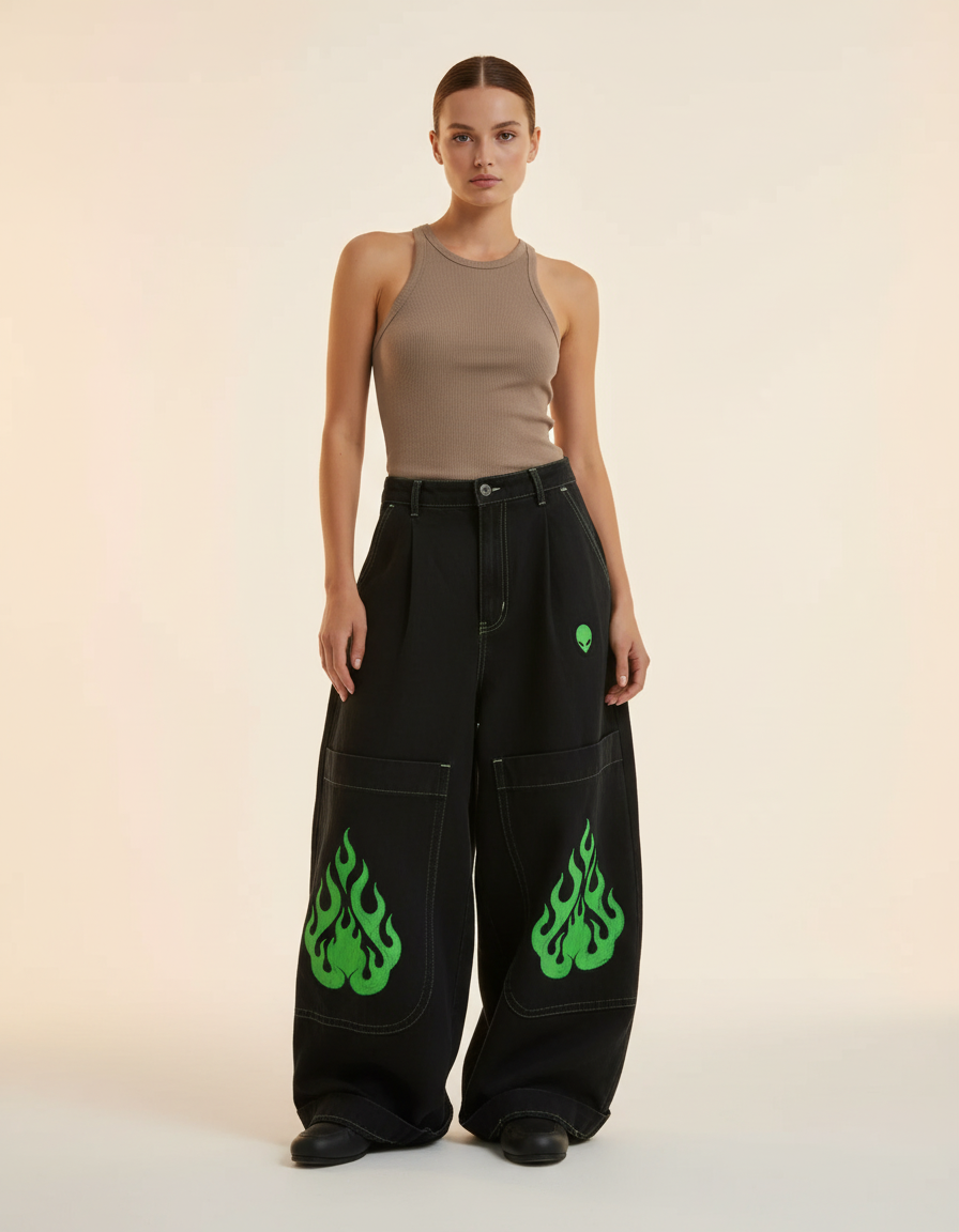 Pantalon Baggy Noir Ample Flammes Vertes Streetwear - Jean