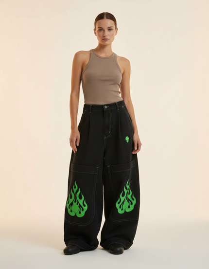 Pantalon Baggy Noir Ample Flammes Vertes Streetwear - Jean