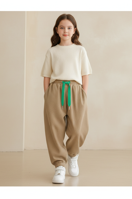 Pantalon Baggy Côtelé Beige Ample Décontracté Enfant Cordon Vert - Cordé