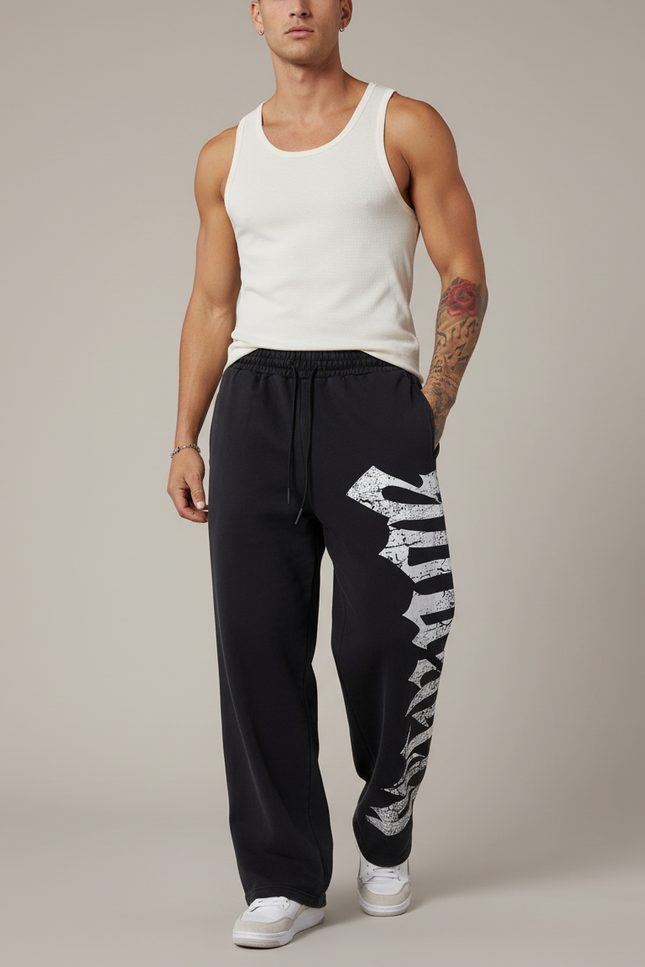 Pantalon Baggy Noir Ample Imprimé Coton Décontracté - Molleton