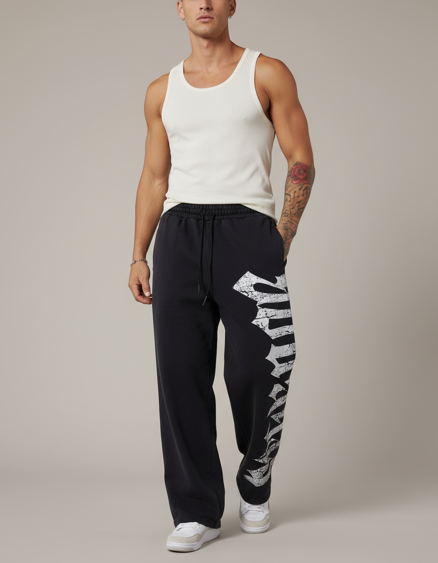 Pantalon Baggy Noir Ample Imprimé Coton Décontracté - Molleton