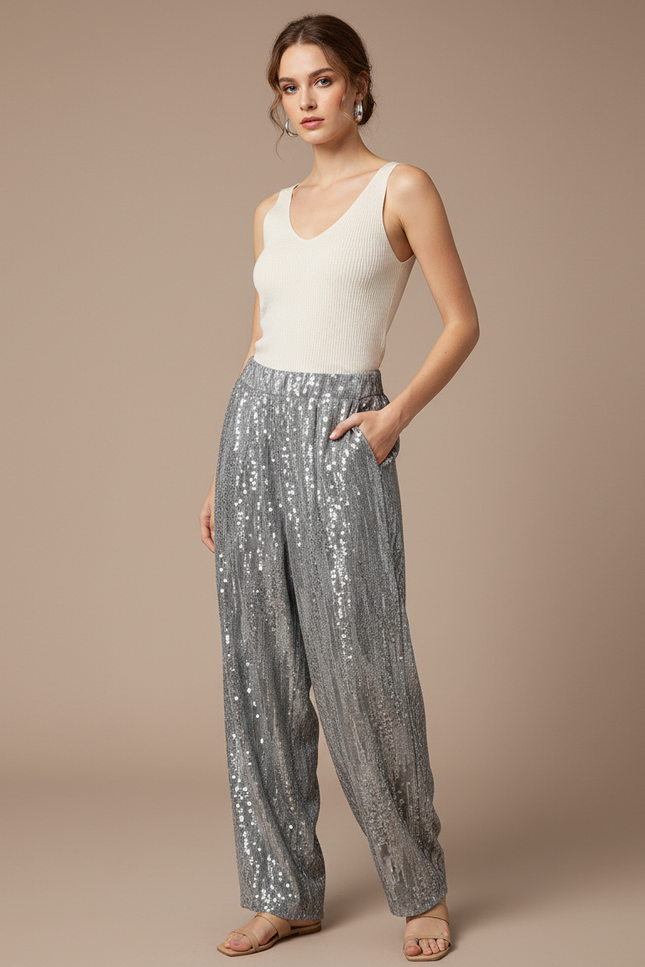 Pantalon Baggy Pailleté Argenté Ample Brillant Femme - Polyester