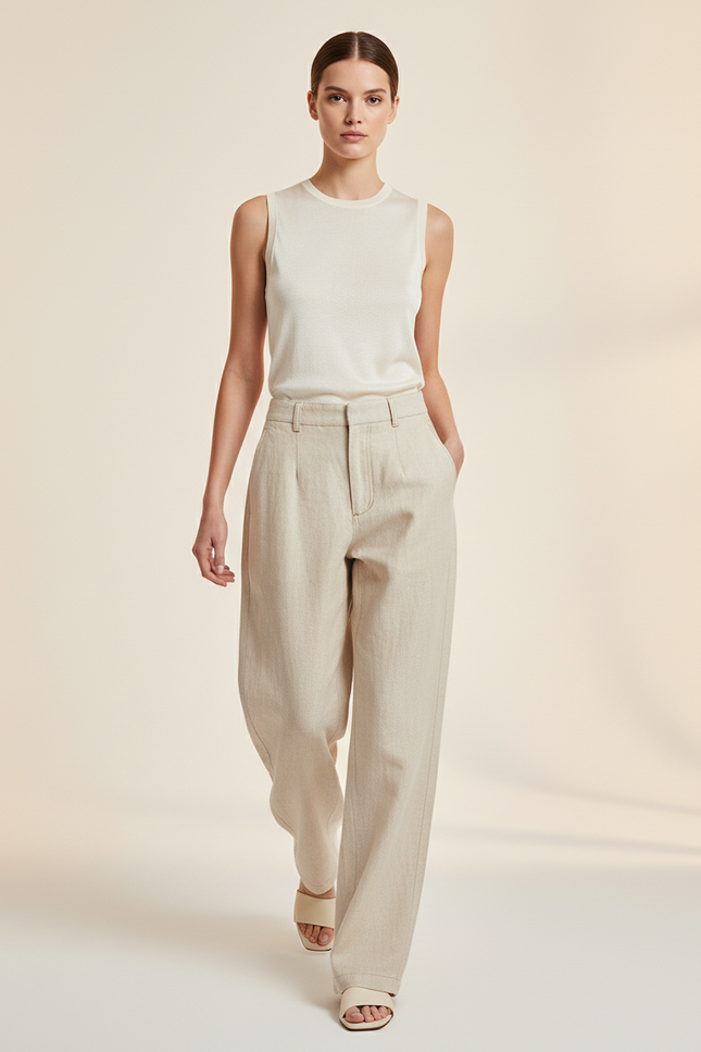 Pantalon Baggy Beige Ample Lin Plissé Femme