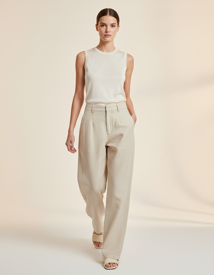 Pantalon Baggy Beige Ample Lin Plissé Femme