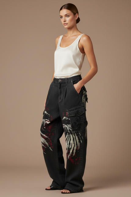 Pantalon Baggy Noir Imprimé Streetwear Cargo Ample - Jean