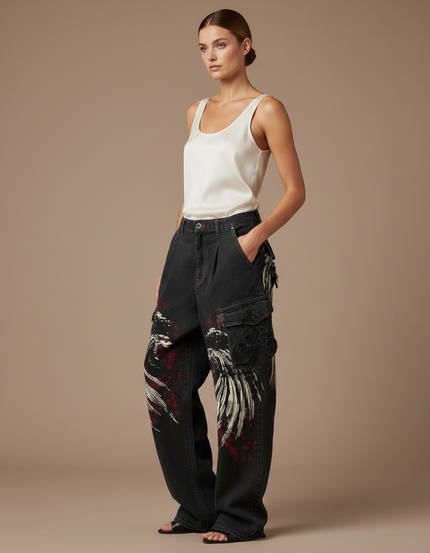 Pantalon Baggy Noir Imprimé Streetwear Cargo Ample - Jean