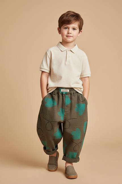Pantalon Baggy Kaki Coton Ample Motifs Cœurs Enfant - Molleton