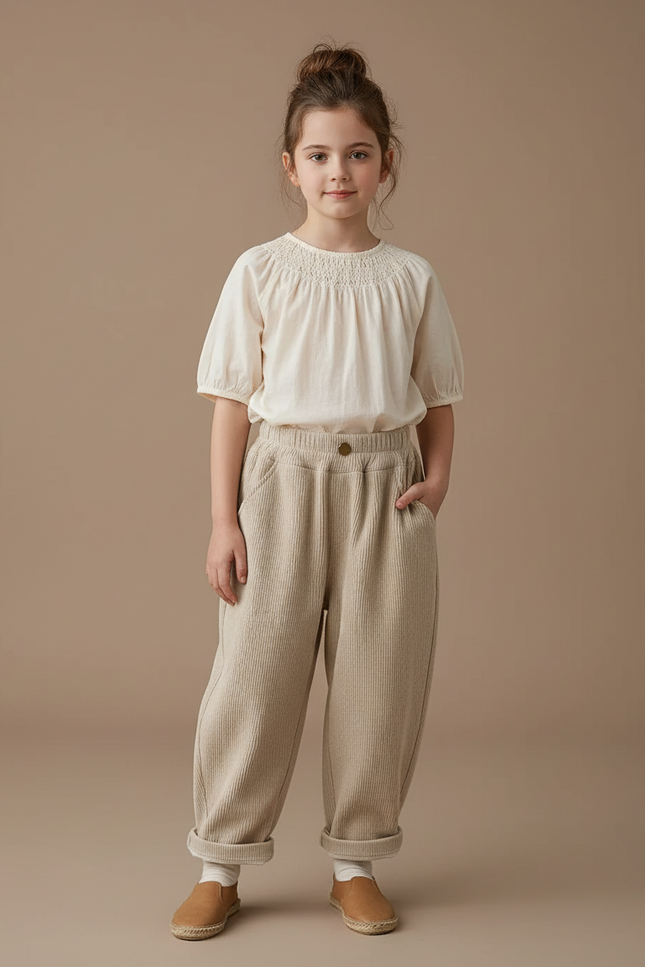 Pantalon Baggy Beige Côtelé Ample Décontracté Enfant Doux - Cordé