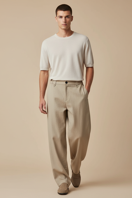 Pantalon Baggy Beige Ample Droit Élégant Homme - Gabardine
