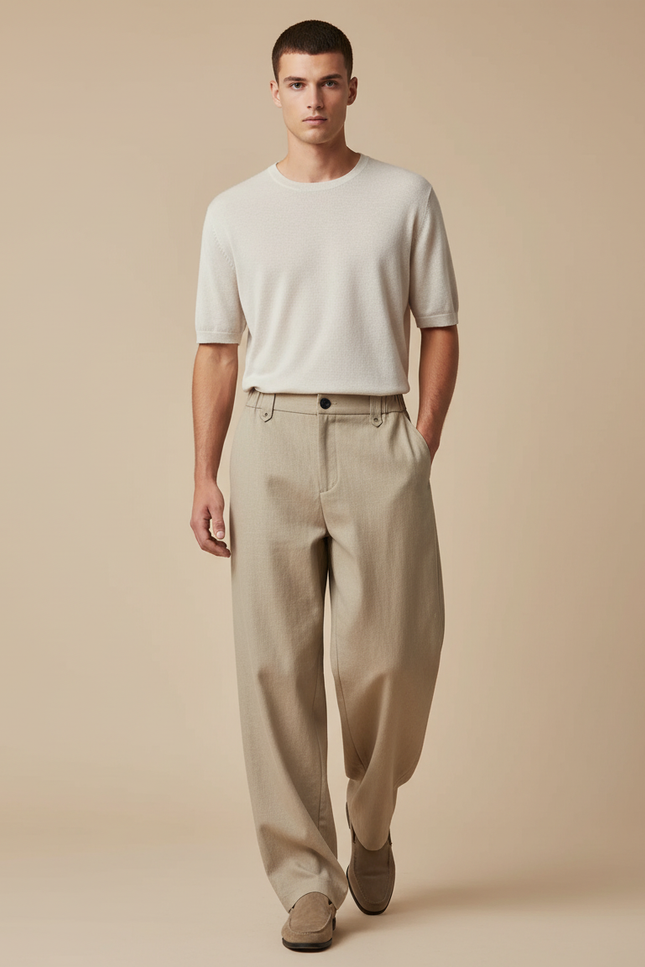 Pantalon Baggy Beige Ample Droit Élégant Homme - Gabardine