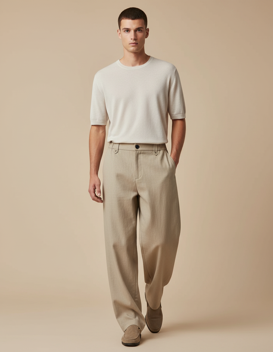 Pantalon Baggy Beige Ample Droit Élégant Homme - Gabardine