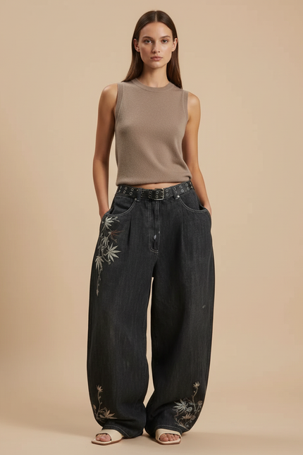 Pantalon Baggy Jean Gris Ample Brodé Streetwear