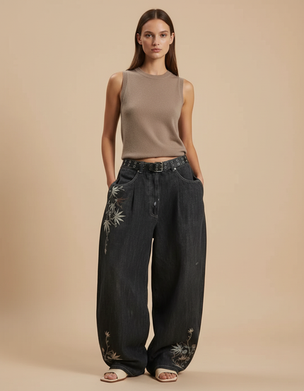 Pantalon Baggy Jean Gris Ample Brodé Streetwear