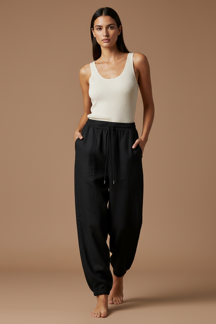 Pantalon Baggy Noir Lin Ample Cordon Confortable
