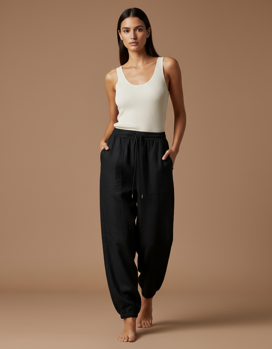 Pantalon Baggy Noir Lin Ample Cordon Confortable