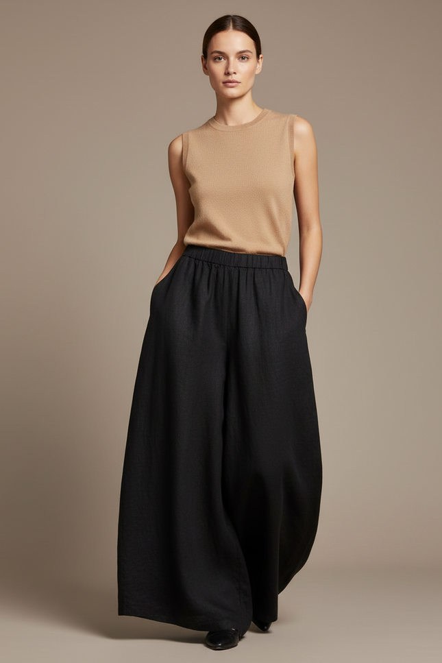 Pantalon Baggy Noir Ample Fluide Élégant Femme - Lin