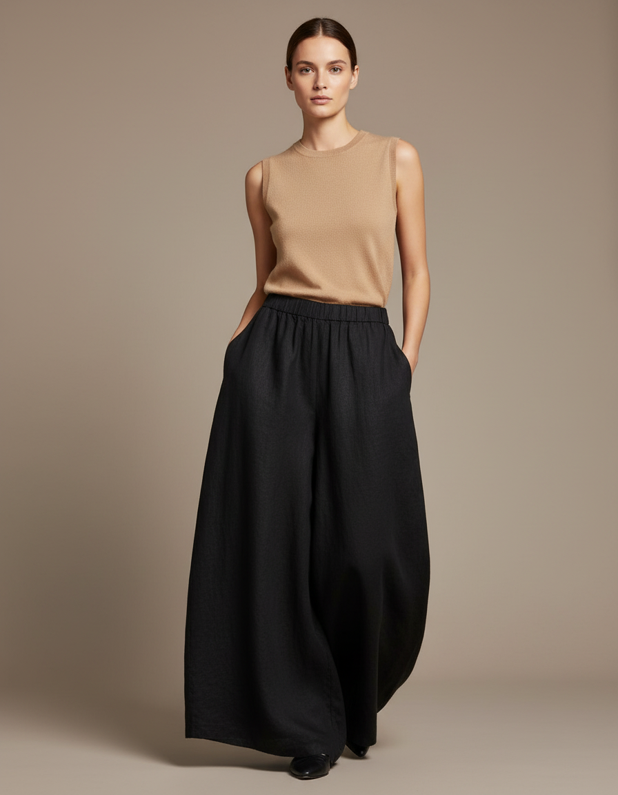 Pantalon Baggy Noir Ample Fluide Élégant Femme - Lin